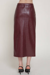 Front Slit Texture Faux Leather Pencil Midi Skirt: BLK-black / L