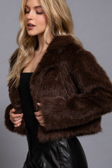 Long Sleeve Notched Collar Faux Fur Cropped Jacket: BRN-dark coffee / L