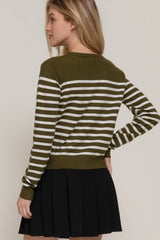 Crew Neck Stripe Sweater Cardigan