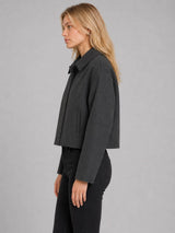 Women's Button Front Cropped Woolen Jacket: Gray / L