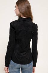 Long Sleeve Button Down Stretch Faux Suede Shirt: TPE-dark beige / L