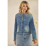 Tweed Trimmed Front Pocket Denim Jacke