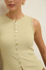 Sleeveless Gingham Knit Top with Button