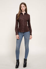 Long Sleeve Button Down Stretch Faux Suede Shirt: TPE-dark beige / L
