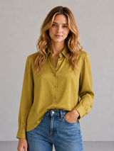 Olive Satin Button-Up Blouse