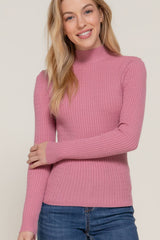 Long Sleeve Mock Neck Rib Sweater  : RED