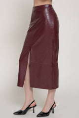 Front Slit Texture Faux Leather Pencil Midi Skirt: BLK-black / L