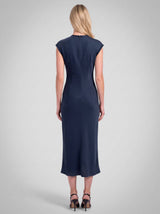 Satin Cap Sleeve Fitted Midi Dress: Deep Steel Blue / S