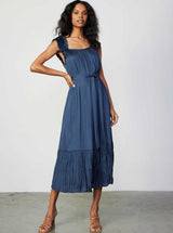 Double-Layer Ruffle Sleeve Crinkle 3Q Dress: