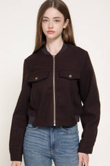 Long Sleeve Crew Neck Felt Jacket with Pocket Flap Detail: BRN-dark brown / L