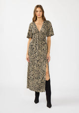 V-Neck Flutter Sleeve Front Slit Maxi Dress: BLACK/NATURAL / L