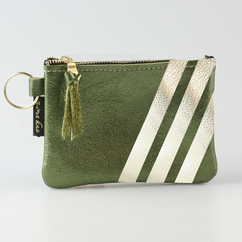 The Kara Wallet: 3 Side Stripes: Moss w/Platinum Stripes / Lobster