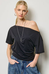 Ruched One Shoulder Short Sleeve Top: Black / L