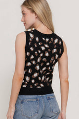 Sleeveless Round Neck Leopard Jacquard Sweater Top: TPE-taupe/brown / L