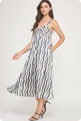 Wavy Striped Satin Midi Dress
