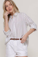 Long Sleeve Button Down Stripe Linen Oversized Shirt: