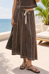 LINEN STITCH MIDI SKIRT: DARK BROWN / S