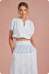 Floral Embroidery Cotton Lace Trim Skirt Top Set: Navy / L
