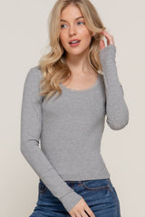 Long Sleeve Scoop Neck with Lace Trim Rib Knit Top: HGY-h grey / L