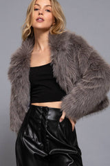 Long Sleeve Notched Collar Faux Fur Cropped Jacket: BRN-dark coffee / L