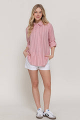 Long Sleeve Button Down Stripe Linen Oversized Shirt: