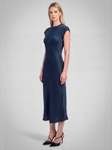 Satin Cap Sleeve Fitted Midi Dress: Deep Steel Blue / S