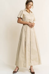 LACE TRIM BUTTON DOWN SHIRT AND MAXI SKIRT SET - HESET0032: SAND / L