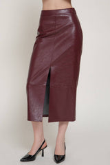 Front Slit Texture Faux Leather Pencil Midi Skirt: BLK-black / L