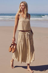 LINEN STITCH MIDI SKIRT: DARK BROWN / S