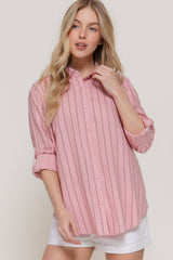 Long Sleeve Button Down Stripe Linen Oversized Shirt: