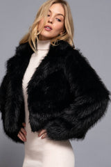 Long Sleeve Notched Collar Faux Fur Cropped Jacket: BRN-dark coffee / L