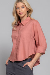 Long Sleeve Button Down Crop Linen Blend Shirt