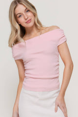 Off The Shoulder Side Ruched Sweater Top : BLK-black / L