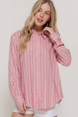 Long Sleeve Button Down Stripe Linen Oversized Shirt: