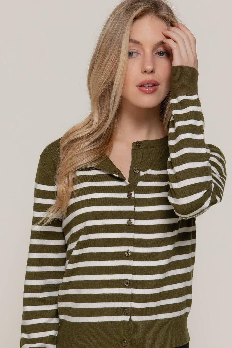 Crew Neck Stripe Sweater Cardigan