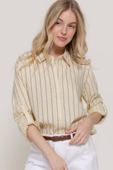 Long Sleeve Button Down Stripe Linen Oversized Shirt: