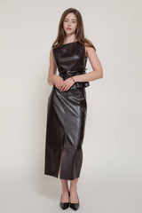 Front Slit Texture Faux Leather Pencil Midi Skirt: BLK-black / L