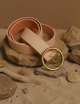 Brass-Toned Circle Buckle Leather Belt: Black