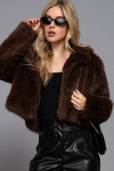 Long Sleeve Notched Collar Faux Fur Cropped Jacket: BRN-dark coffee / L