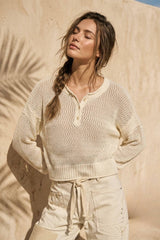 Open Knit Henley Sweater top