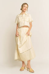 LACE DETAIL POCKET SHIRT & SKIRT SET-HSET0119: Off-White / L