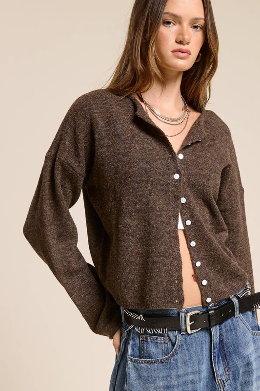 Essential Button Down Cardigan Top Walnut