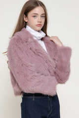 Long Sleeve Notched Collar Faux Fur Cropped Jacket: BRN-dark coffee / L