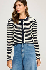 TEXTURED STRIPED BUTTON-FRONT CARDIGAN: Off White/Navy / L