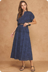 Floral Embroidery Cotton Lace Trim Skirt Top Set: Navy / L