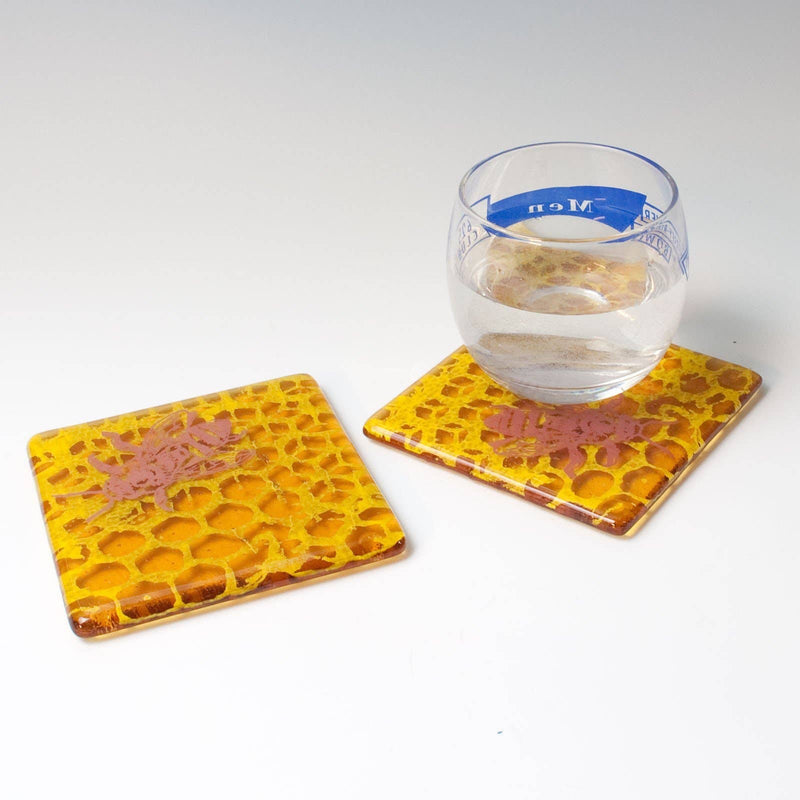 Honeybee Fused Glass 4" Coaster 2-pack, Barware, Handmade