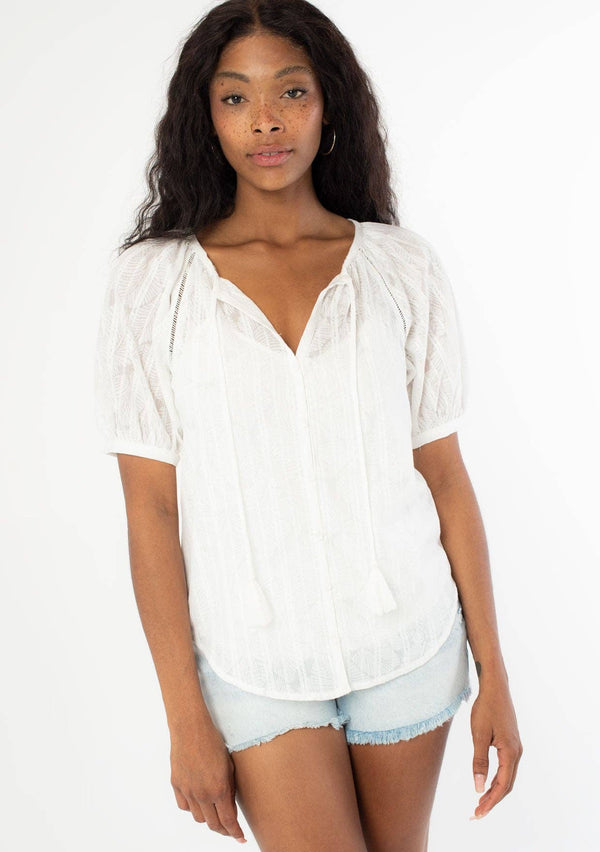 Sheer Short Puff Sleeve Button Down Blouse: S / White