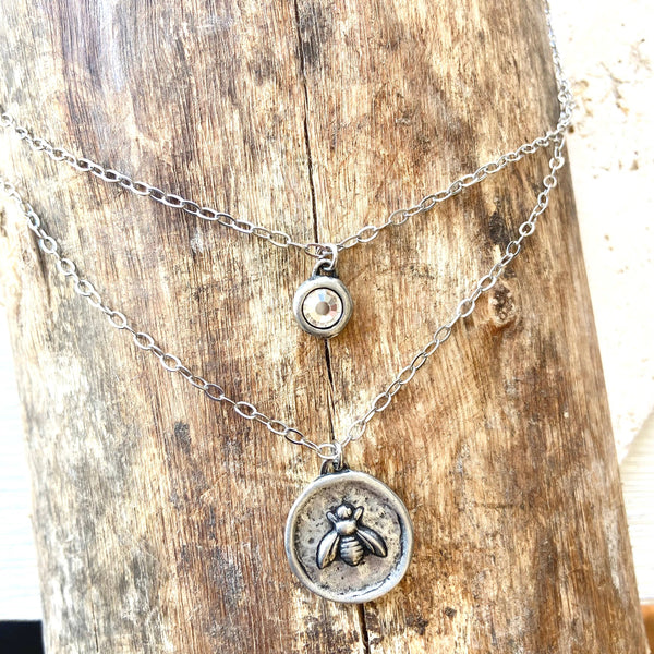 Bee fleur de lys jewelry vintage coin necklace boutique: Silver